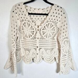Solitaire Crochet Cardigan Women's S Cream Button Front Boho Chic Summer Beach